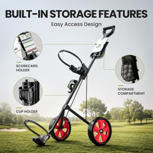 Image of 2-Wheel Golf Pull Cart - Lightweight Foldable Golf Push Cart with Durable Steel Frame, Adjustable Web Straps, Compact Design for Walking Golfers