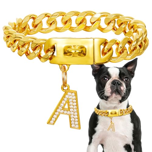 Goldenes Hundehalsband mit Anhänger,Edelstahl-Walking-Metallhalsband,19mm breit, schweres kubanisches Glied,Starke,kausichere Halsbänder für mittelgroße und große Hunde(45cm) Goldenes Hundehalsband mit Anhänger,Edelstahl-Walking-Metallhalsband,19mm breit, schweres kubanisches Glied,Starke,kausichere Halsbänder für mittelgroße und große Hunde(45cm)