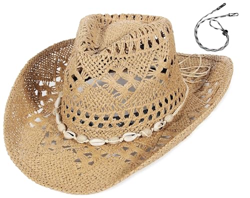 EOZY Men & Womens Summer Cowboy Cowgirl Straw Hat Hollow Out Style Roll Up Brim Beach Sun Hat for Ladies Brown Shell Band