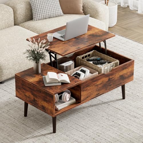 HAPPYMONT Wood Lift Top Coffee Table with Hidden Storage Compartment & Open Shelf, Multi-Functional...