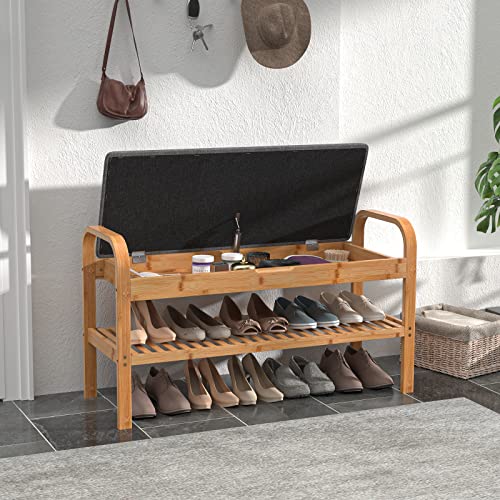 Qssllc Bamboo Storage Shoe Rack Bench With Hidden Storage Underseat, 2-Tier Entryway Bench With Handle And Flip-Up Cushion For Bathroom, Entryway, Hallway, Bedroom And Mudroom #TOP5
