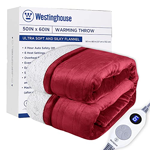 Westinghouse Electric Blanket Heated Throw Flannel to Sherpa Reversible Heating Blanket 50 x60 , 6 Heat Settings & 4 Hours Auto Off, Machine Washable Burgundy Red 50x60in