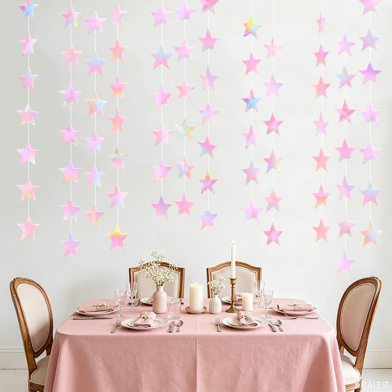 Image of Iridescent Pink Shining Star Hanging Garland Pink Holographic Hanging Sparkling Star Streamer Glitter Star Banner Twinkle Star Backdrop for Wedding Baby Shower Birthday Christmas Decorations 40 Feet