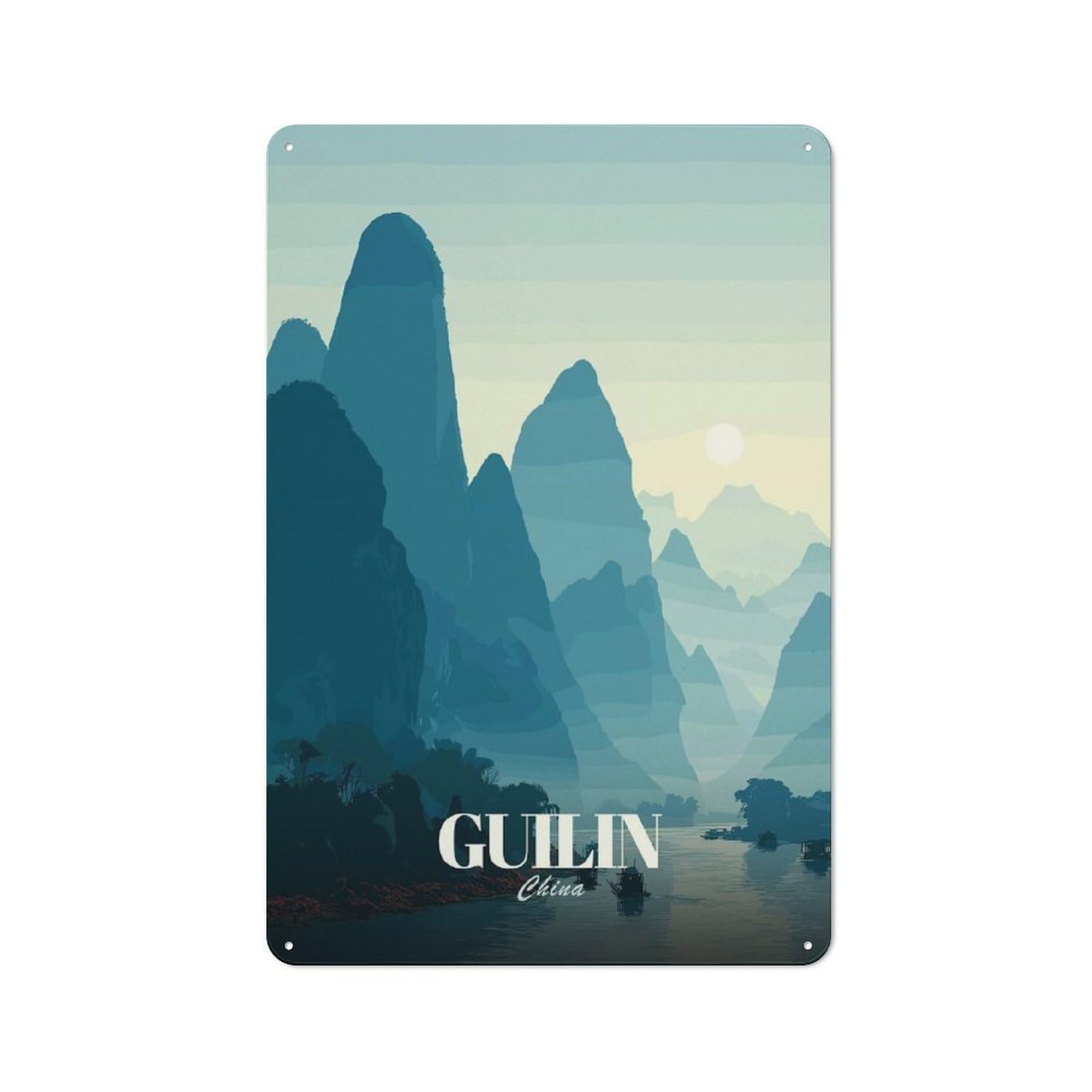 Junmoney Style-24 For Garden Room Or Summerhouse, Guilin China Landscape Illustration Retro Metal Sign 30X20cm, For Vintage Wall Decor Fans, For Metal Sign Collectors