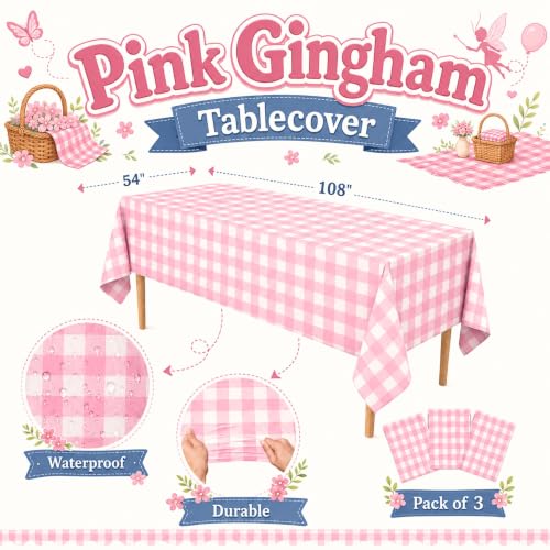 Image of Blue Orchards Pink Gingham Table Cover (Pack of 3 with 20 Glue dots) - 54 inchx108 inch XL - Pink and White Checkered Plaid Picnic Tablecloth, Baby & Bridal Shower Decoration, Outdoor Birthday Party Supplies