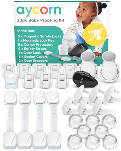 AYCORN® 30-Piece Baby Proofing Safety Kit - Cupboard Locks for Children, Corner Protectors, Plug Socket Covers UK, Safety Straps, Oven Lock, Door Stopper & Keys