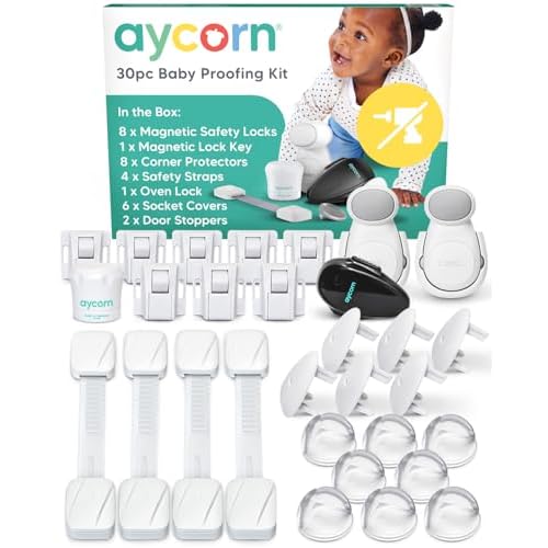 AYCORN® 30-Piece Baby Proofing Safety Kit - Cupboard Locks for Children, Corner Protectors, Plug Socket Covers UK, Safety Straps, Oven Lock, Door Stopper & Keys