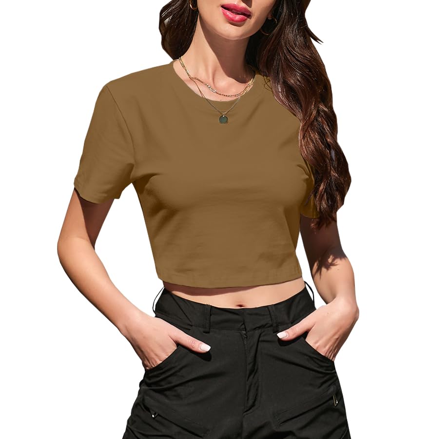 Image of Betusline Girls & Women Basic Summer Short Sleeve Slim Fit T-Shirts Soft Crewneck Crop Y2k Tee Cute Gym Fashion Clothes