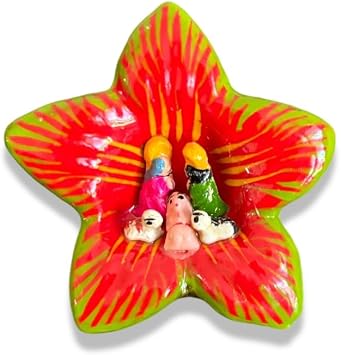 Nativity Scene, Christmas Tree Ornament 1.5" tall, Peruvian, Artisan Handmade, Holiday Decor, Ceramic ornaments 2 Red Flower