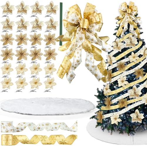 Shappy Juego de 76 piezas de decoración para árbol de Navidad, flores de Pascua con purpurina con tallos y clips de 48 pulgadas, falda de árbol de Navidad de piel sintética de 48 pulgadas, lazo grande
