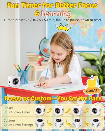 Image of Digital Pomodoro Timer Cube 5 /10 /25 /50min, Visual Productivity Flip Timer for Kids Classroom Desk, Custom Countdown, Silent and Sound Mode for ADHD Study Work Game Kitchen (White)