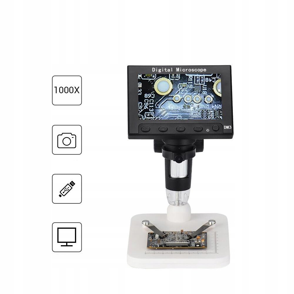 Rosfix Mikroskop cyfrowy DM4-Z01B019 - ekran LCD 4,3", 50X–1000X, 720P, 8 diod LED, USB, MicroSD | kontrola PCB, biżuteria, skóra, monety | profesjonalny przenośny mikroskop