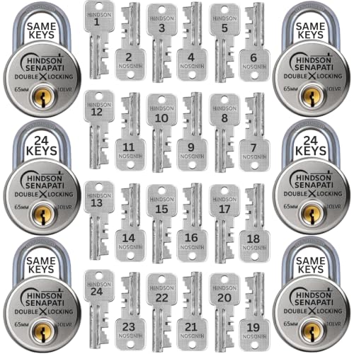 Image of Hindson Same Key Senapati 65mm Round Padlock, Pack of 6 with 24 Same Keys, Hardened Shackle, 10 Lever Mechanism, Heavy Duty, Double Locking Security Lock for Gates, Doors & Shutters (Silver)