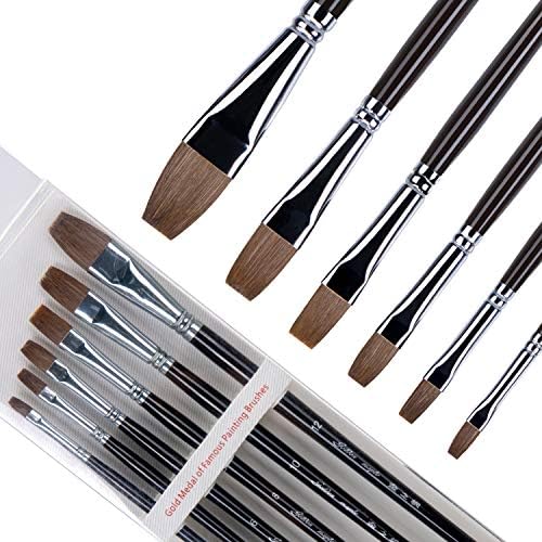 Artist Paint Brushes - Red Sable Long Handle, Flat Paint Brush Set for Acrylic, Oil, Gouache and Watercolor Painting Offering Excellent Paint Holding and Easy Flow of Paint