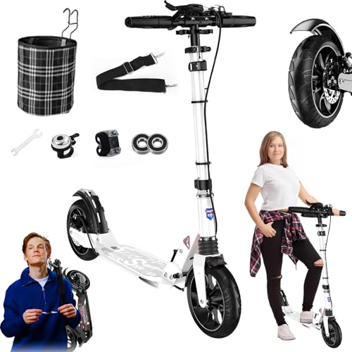 CUIOT Kick Scooter for Ages 6+,Kid, Teens & Adults - Max Load 300 LBS, 4 Adjustable Levels, 200mm Big Wheel Folding Scooter, Lightweight, Aluminum, Indoor and Outdoor Scooters, Bearing ABE,White by CUIOT - Used condition - US$117.30