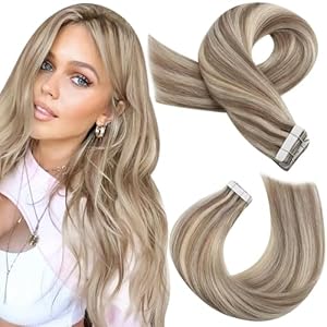 Moresoo Highlighted Tape in Extensions Human Hair Seamless Hair Extensions Tape in Light Brown Highlighted with Blonde Glue in Hair Extensions Real Human Hair 18 Inch #P9A/60 20pcs 50g