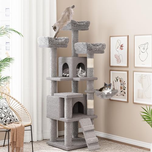 63 Inches Multi-Level Cat Tree Tower with Condo, Plush Perches, Scratching Posts, Hammocks, and Play House, Grey