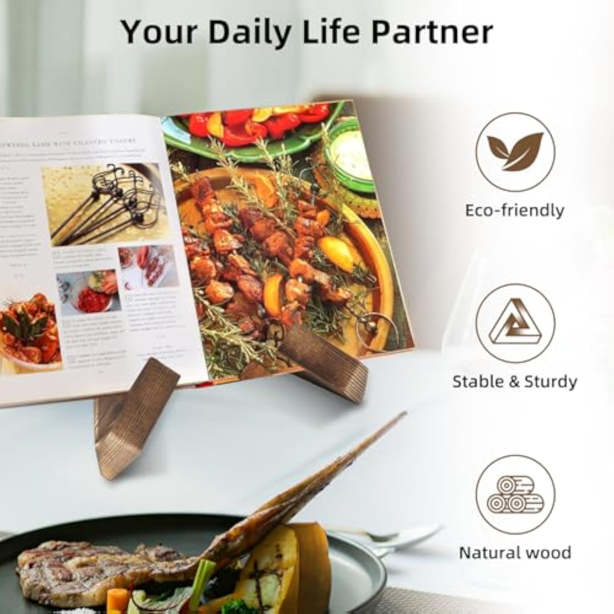 Wooden Cookbook Stand for Kitchen, Recipe Book Holder
