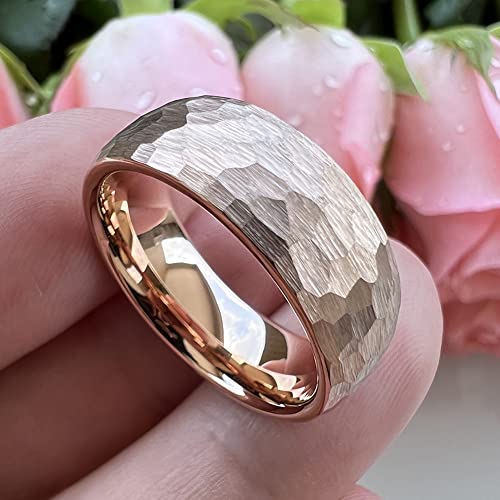 Tutiss 8Mm Rose Gold Hammered Tungsten Rings For Men Women Engagement Wedding Bands Domed Matte Finish Comfort Fit Size 9.5 #TOP2