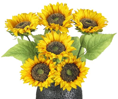 Olrla Touffe de tournesol artificiel à tige longue 6 pièces, fleurs de soleil artificielles...