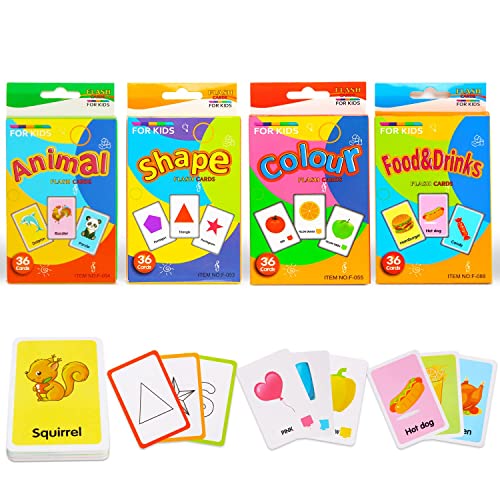 SULOLI Alphabet Flash Cards Set of 4 Small Boxes for Toddlers, FlashCards Shapes & Animals & Colors & Foods and Drinks Fun Learning and Educational Kids Cards(144 Cards)