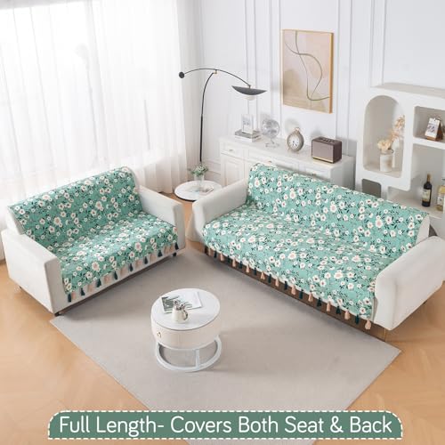 Image of HOKIPO Premium Holland Velvet Sofa Cover with Tassel 5 Seater (3+2) | Full Protection for Sofa Seat and Back | 'Whispers of Nature' | Sage Floral Vine (IN-1127+1126-D8)