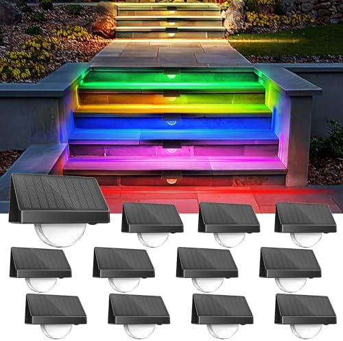 Solar Step Lights for Outside 12 Pack – 11 Modes (Fixed/Fade/Flash) RGB Color Changing, IP68 Waterproof, 180° Wide-Angle Solar Stair Lights, Dusk to Dawn Deck Lights for Fence Yard Patio Porch