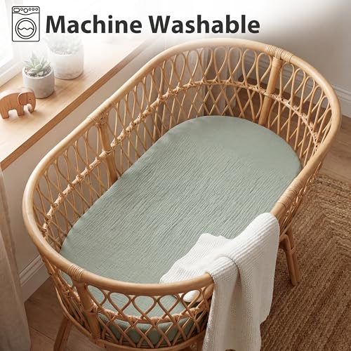 Image of Pro Goleem Muslin Bassinet Sheet for Boys and Girls, Soft Breathable Fitted Cotton Baby Sheets Set for Oval Hourglass and Rectangular Bassinet Mattress, Neutral, 2 Pack (Grey＆Green)