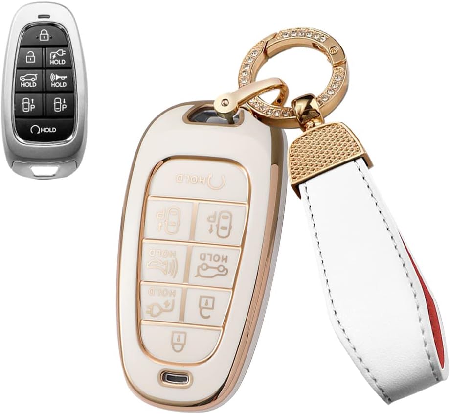 SANRILY Golden-Edge 8 Button Key Fob Cover for Hyundai Ioniq 5 Santa Fe 2022 2023 Nexo Tucson Keyless Full Coverd Key Fob Case with Bling Leather Keychain Beige