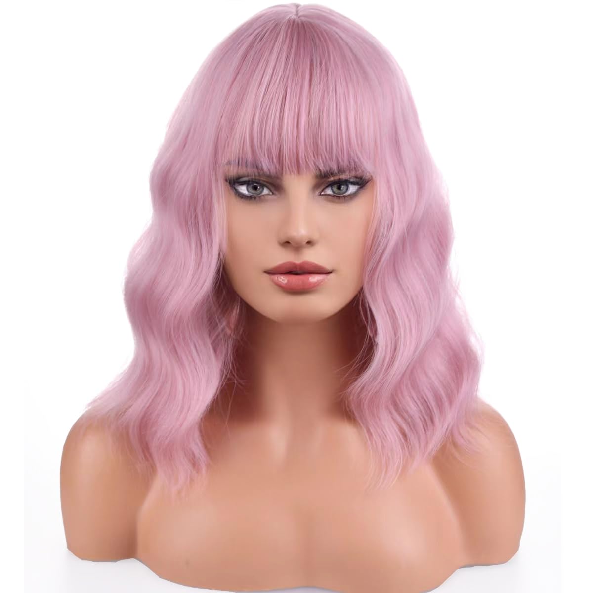 PATTNIUM Pink Wig for Women Short Curly Wavy Bob Wig Pink Wigs with Bangs Shoulder Length 12'' Heat Resistant Synthetic Wigs
