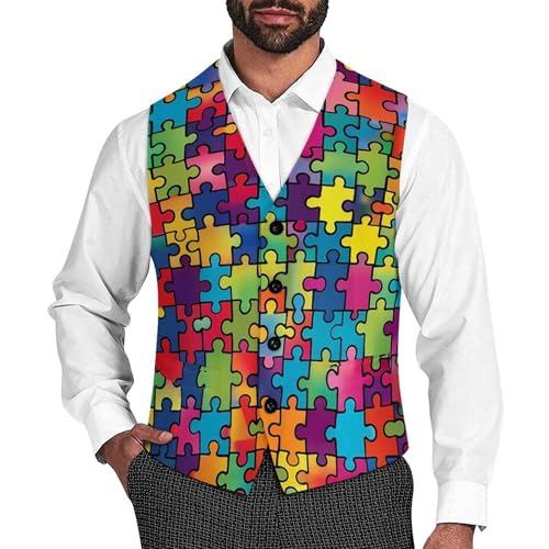 Autism Awareness Puzzle Casual Suit Vest for Men Formal Business Dress Regular Fit Waistcoat for Tuxedo