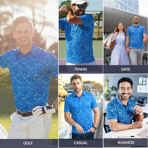 JIUYANG Men's Dry Fit Golf Polo Shirts - Moisture Wicking 4-Way Stretch UPF 50+ Short Sleeve Performance Print Casual Shirt Gift for Men - Blue Rose - Image 7