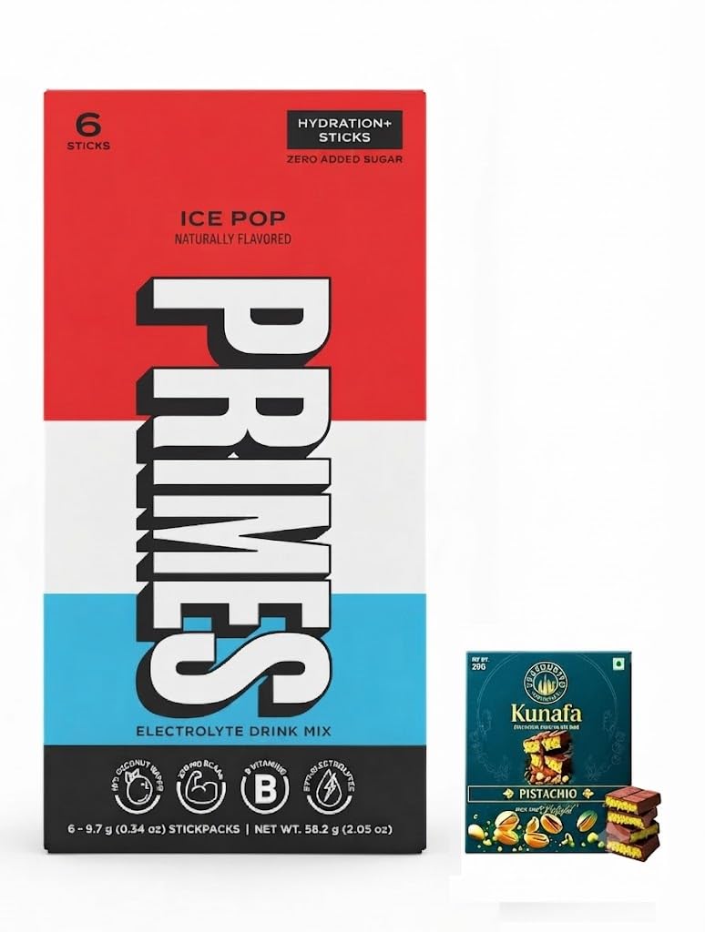PRIMES Hydration+ Ice Pop Electrolyte Drink Mix Sticks 58.2g With Free Flavourito Kunafa Pistachio Chocolate Bar, 20g By Decadent Foods (Imported USA)-image-49