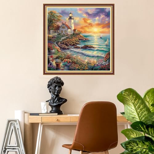 Image of Fanxvivy Stamped Counted Cross Stitch Kits for Adults Printed Cross-Stitch Patterns 11CT Stamped or Counted Cross Stitching Embroidery Kit Needlepoint Kits-Seaside Lighthouse 18x18 inch