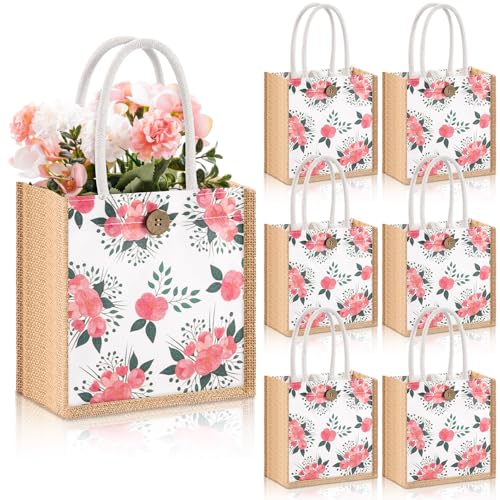 Mini sac cadeau floral en toile de jute pour mariage chic et fête printanière x6