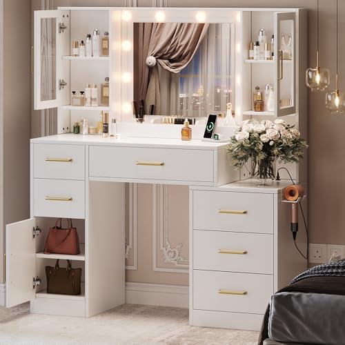 Image of UGTOO Makeup Vanity Desk with Mirror and Lights, 51.2 inch Makeup Vanity with Lights & Charging Station, Dressing Table Vanity Set for Bedroom, White Vanity Table with 6 Drawers and 3 Cabinet