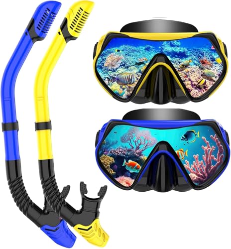 Schnorchelset Erwachsene, Schnorcheln Set mit Anti-Fog Taucherbrille und Dry Schnorchel, Professionelle Schnorchelmaske Tauchmaske aus Gehärtetem Glas für Schnorcheln (Blue+Yellow)