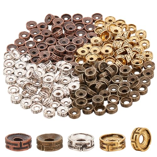 PH PandaHall 200pcs Tibetan Spacer Beads 4 Colors Flat Round Beads 7.5x3mm Carved Roundelle Spacer Beads Metal Alloy Beads Loose Beads for Jewelry Bracelet Necklace Earring Making Hole 2.5~3mm
