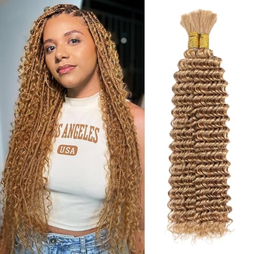 Human Braiding Hair for Boho Braids 100g Deep Water Wave Bulk Human Hair Knotless Boho Braiding Curly 100% Virgin No Weft Extensions Bohemian Braids 2 Bundle/Pack Caramel Honey Blonde 26 Inch