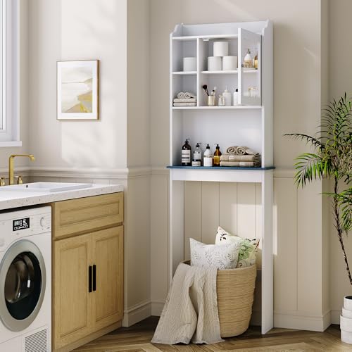 Garvee Mueble De Baño Independiente sobre El Inodoro con Estantes Ajustables, Puertas De Vidrio Templado, Estante De Baño De MDF Blanco Que Ahorra Espacio, Mueble De Baño Moderno Resistente Al Agua. - imagen 6
