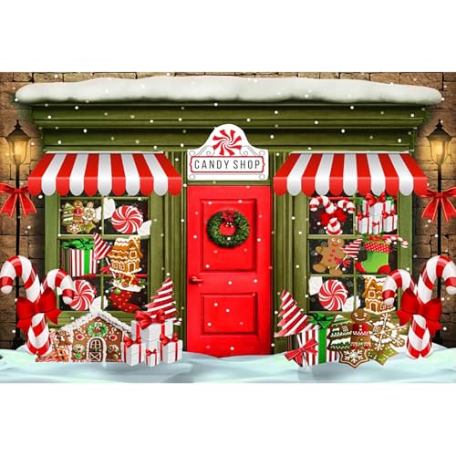 Caheansi 7x5 ft Christmas Backdrop Red and Green Xmas Candy Shop Gingerbread House Gifts Photography Background Christmas New Year Holiday Party Decorations Banner Kids Portrait Photo Booth Props