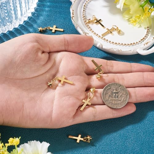 Image of 10Pcs 18K Gold Plated Cross Charms Brass Golden Crucifix with Star Pendants Permant Metal Jewelry Charms with Jump Ring for DIY Bracelet Necklace Earring Jewelry Making
