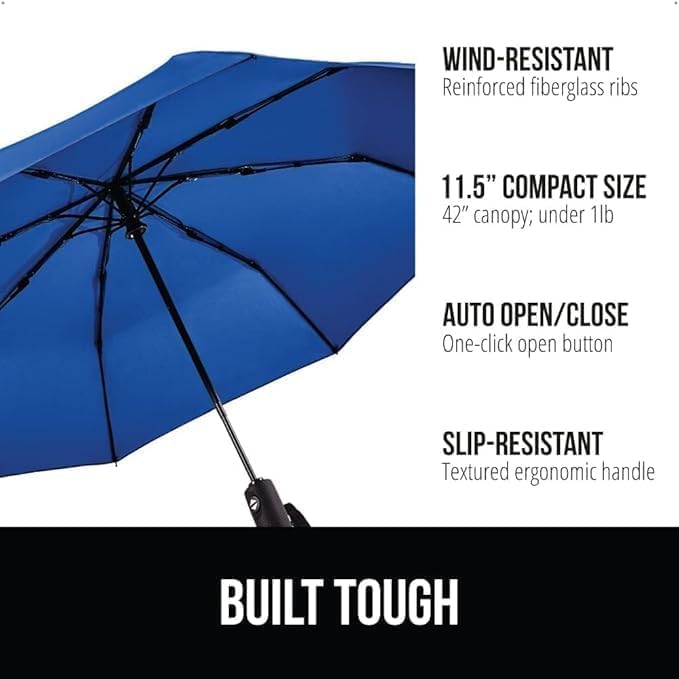 MOROVIK Portable Auto Travel Umbrella, UV Big Size Umbrella for Sun Protection Rain Windproof Strong large 3 fold for men women kids boys girls Perfect small & stylish Windproof & Compact (BLUE - 1) 1