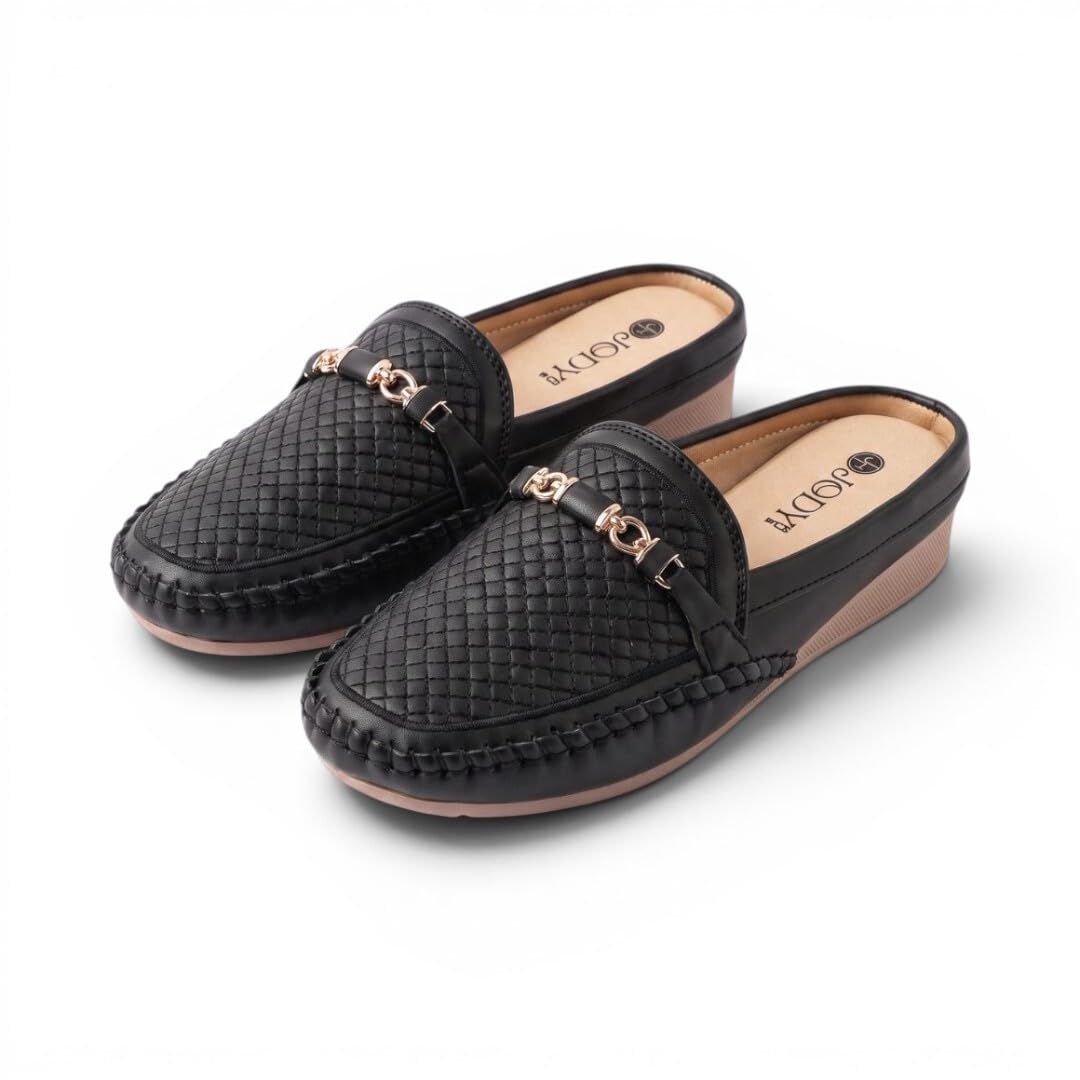 Women's Black Loafer Mules | Slip-On Comfort Backless Shoes with Woven Texture & Tassel Detail-image-47