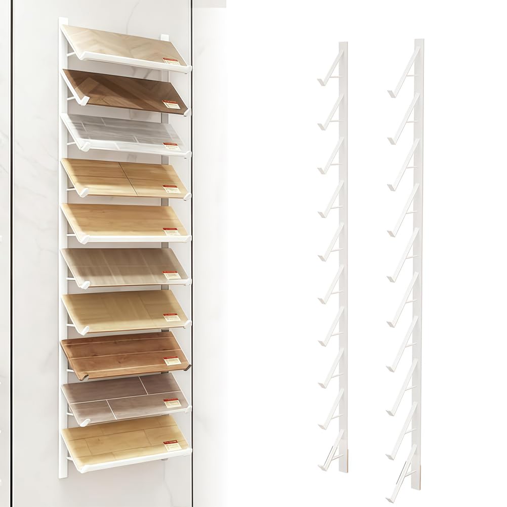 Wall Mounted Ceramic Tile Sample Display Rack, 10 Tier Metal Floor Tile Sample Storage Rack, Floor Tile Display Stand, Wooden Floor Sample Holder, for Exhibition Halls (White Card slot 15.5cm)