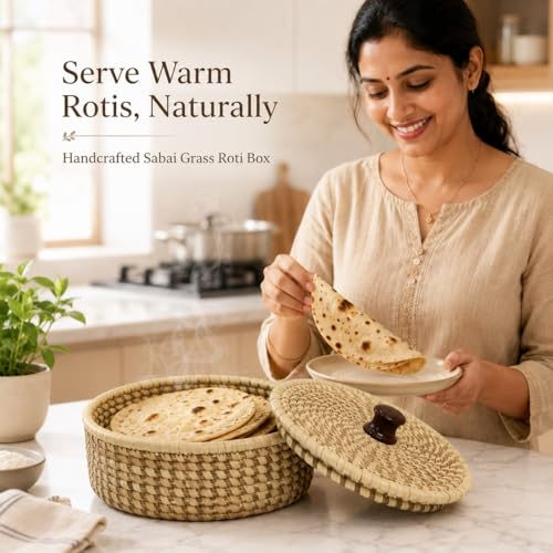 Image of Handcrafted Sabai Grass Roti Box with Lid | Eco-Friendly Chapati Storage Basket for Kitchen | Natural Insulated Roti /Chapati Box with Wooden Knob - Keeps Rotis Warm