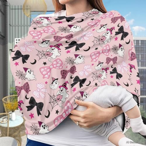 Image of Wanyint Stretchy Nursing Scarf Car Seat Canopy Baby Car Seat Cover, Baby Breastfeeding Stroller High Chair Shopping Cart Cover for Infant Halloween Decor, Cute Ghost Bow Moon Star Pink
