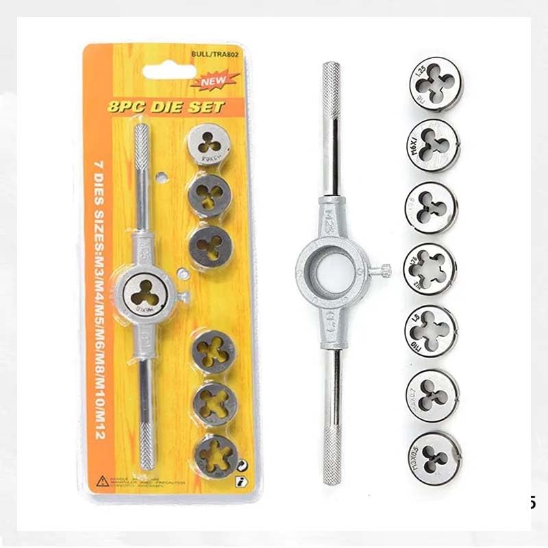 A AND S TOOLS® 8PC Tap Die Set M3-M12 Tapping Wrench Die on Stock 1