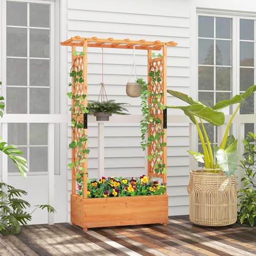 HAPPYGRILL-72-Raised-Garden-Bed-with-Trellis-2-Pack-Freestanding-Wood-Planter-Box-wHanging-Roof-2-Drainage-Holes-for-Vine-Climbing-Plants-Flowers-Outdoor-Planter-wTrellis-for-Garden-Patio HAPPYGRILL 72 Raised Garden Bed with Trellis 2 Pack Freestanding Wood Planter Box wHanging Roof 2 Drainage Holes for Vine Climbing Plants Flowers Outdoor Planter wTrellis for Garden Patio