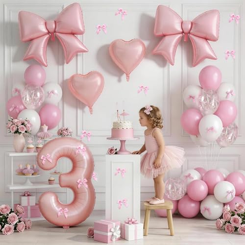 Image of 3rd Birthday Decorations for Girl,Pink 3 Balloons for Party Decorations | 3 Year Old Birthday Decoration,Anniversary Party Decor,Pink White Balloons,Bow Print Balloons,Heart Balloons